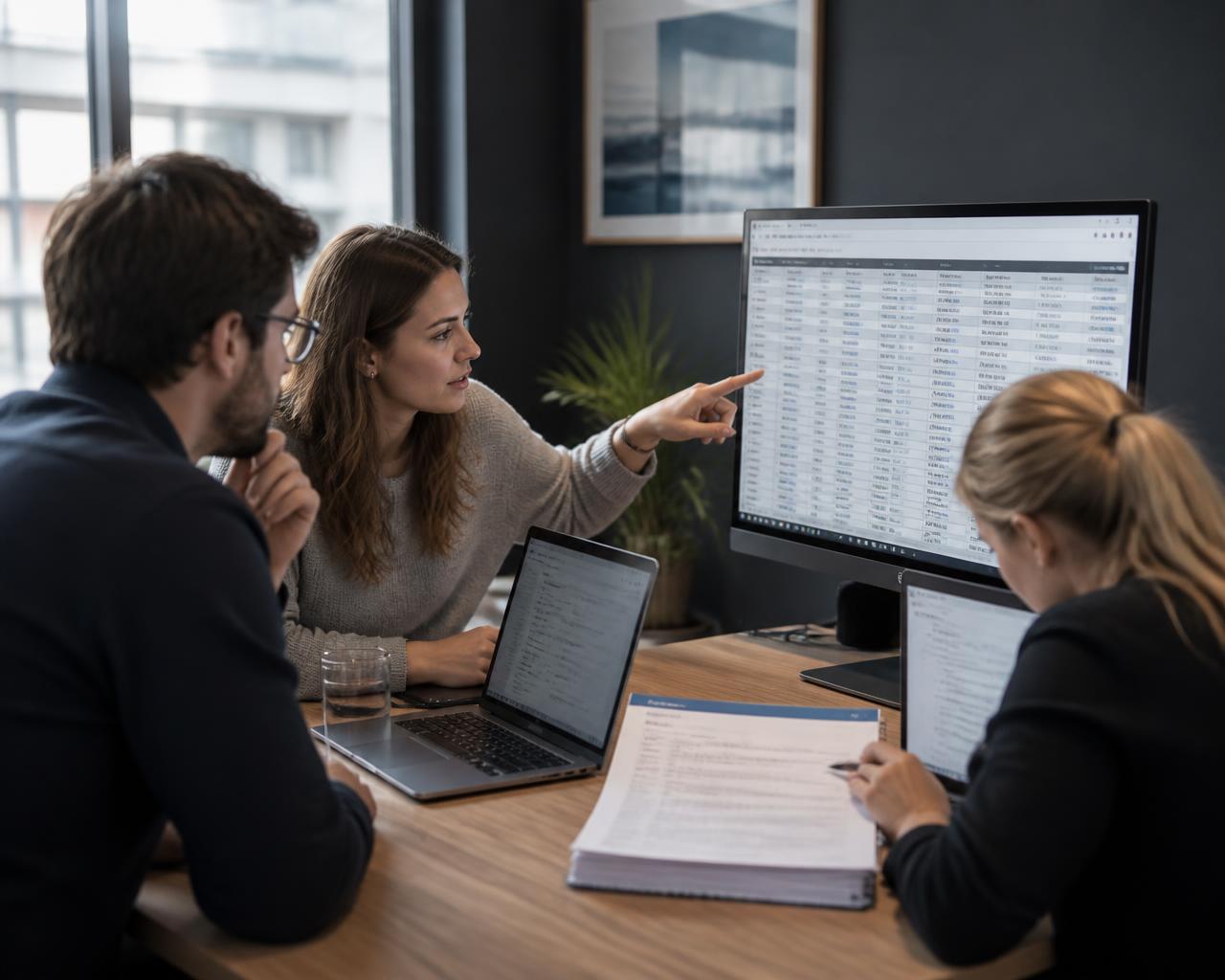 Equipo comercial revisando licitaciones públicas en pantalla durante una reunión de trabajo